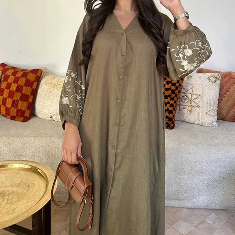 Vestido Fluvia - Vintage de Lino Casual de Manga Larga con Estampado (Suelto y Ligero) ✅