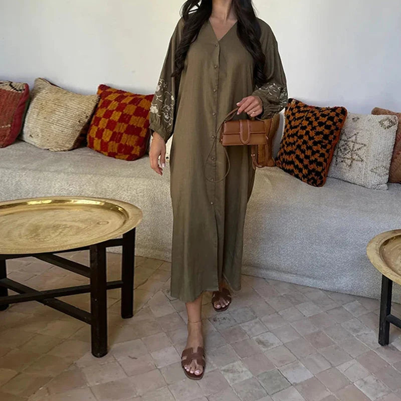 Vestido Fluvia - Vintage de Lino Casual de Manga Larga con Estampado (Suelto y Ligero) ✅